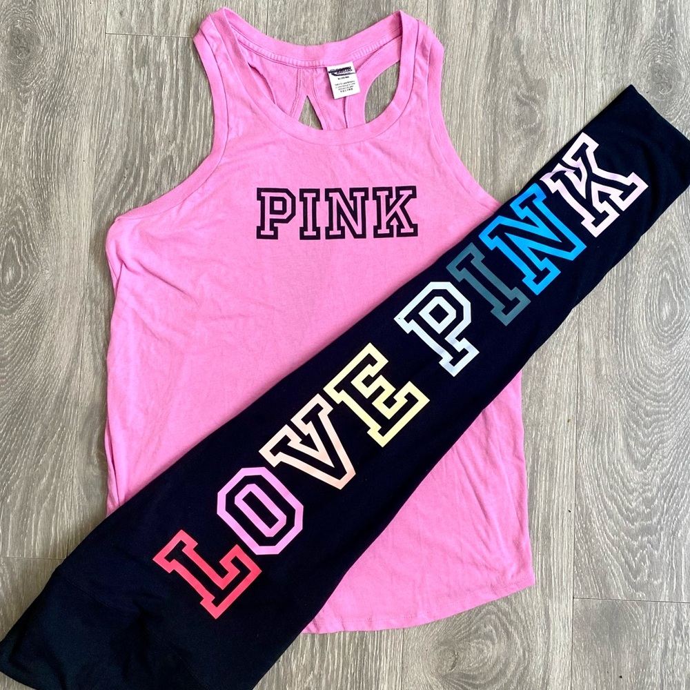 💘 VS PINK RAINBOW LEGGINGS & MATCHING RACERBACK TANKTOP MEDIUM/LARGE LOGO💘